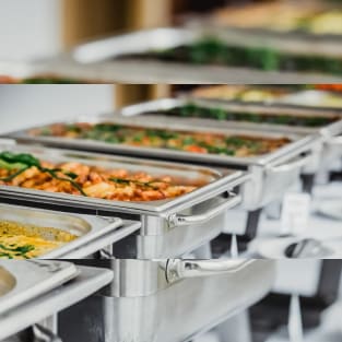 Hot meal counters laid out in the school dining hall